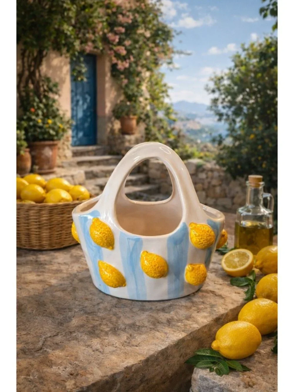 New Blue / Yellow Lemon Motifs Basket Bag Ceramic Flower Vase Room Decor